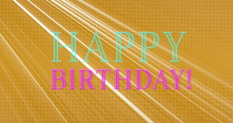 Displaying HAPPY BIRTHDAY! text radiating over gold background, diagonal light streaks