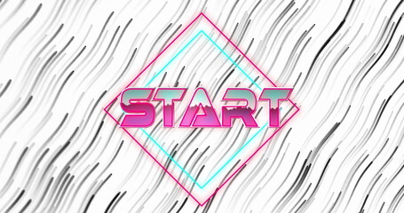 Displaying pink START inside cyan magenta diamond outline on wavy backdrop with retro gaming theme