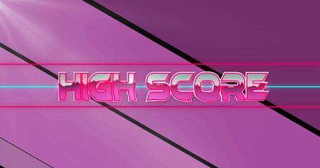 HIGH SCORE text glowing in synthwave, with cyan and pink neon lines, slanted black bars, lens-flare