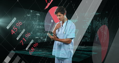 Reviewing holographic medical data male doctor holding tablet in virtual lab, with stethoscope