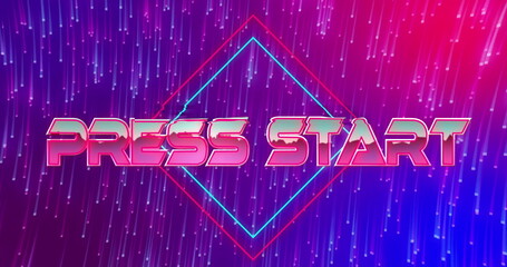 Displaying PRESS START glowing in retro-futuristic interface, with neon diamond and light streaks