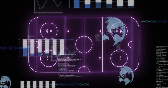 Showing neon purple arena schematic on dark dashboard with code blocks, data charts and globe icons