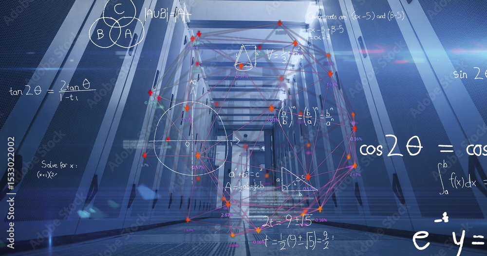 Poster displaying 3d network graph with orange nodes and floating formulas in corridor under blue lighting