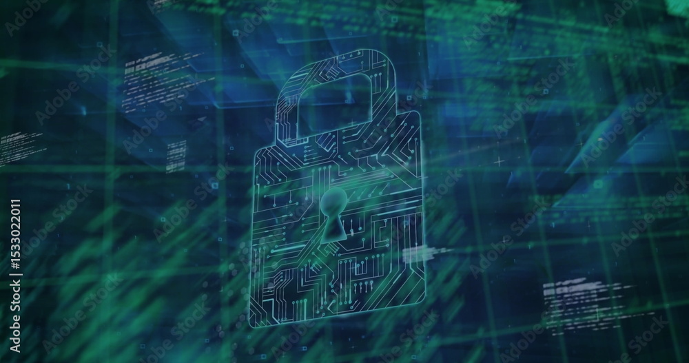 Poster showing stylized circuit-board padlock icon floating in digital interface, with green code streams