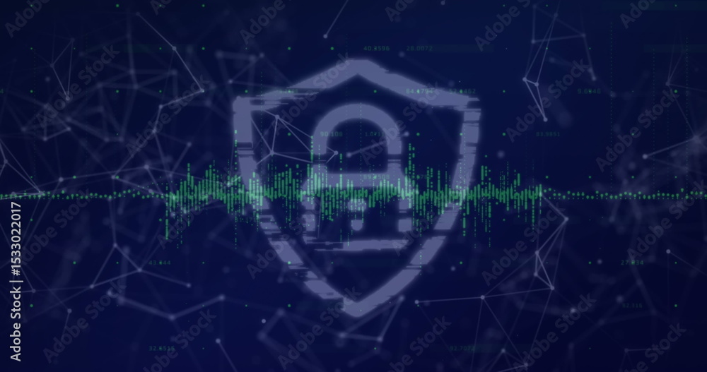 Poster displaying shield outline containing padlock symbol over network grid, with pulsing green waveform