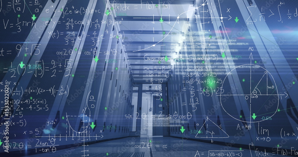 Poster displaying server racks in data center corridor, with holographic equations and led indicators
