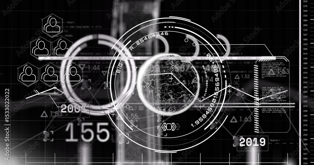 Poster displaying central circular hud over lab backdrop, showing holographic rings and numeric readouts