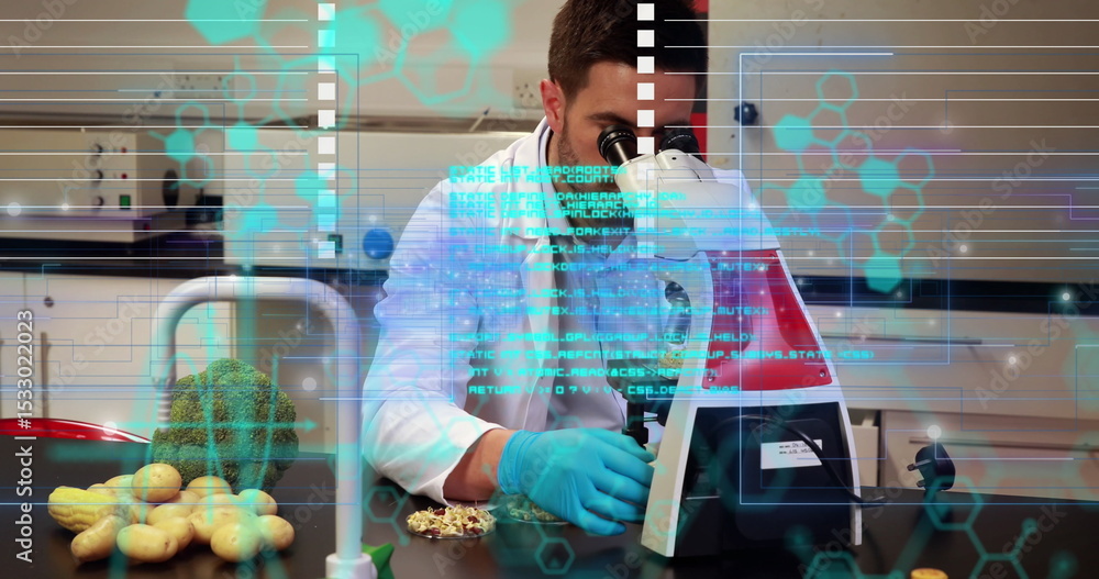 Poster examining scientist in lab coat peering through microscope at bench with potatoes, digital overlay
