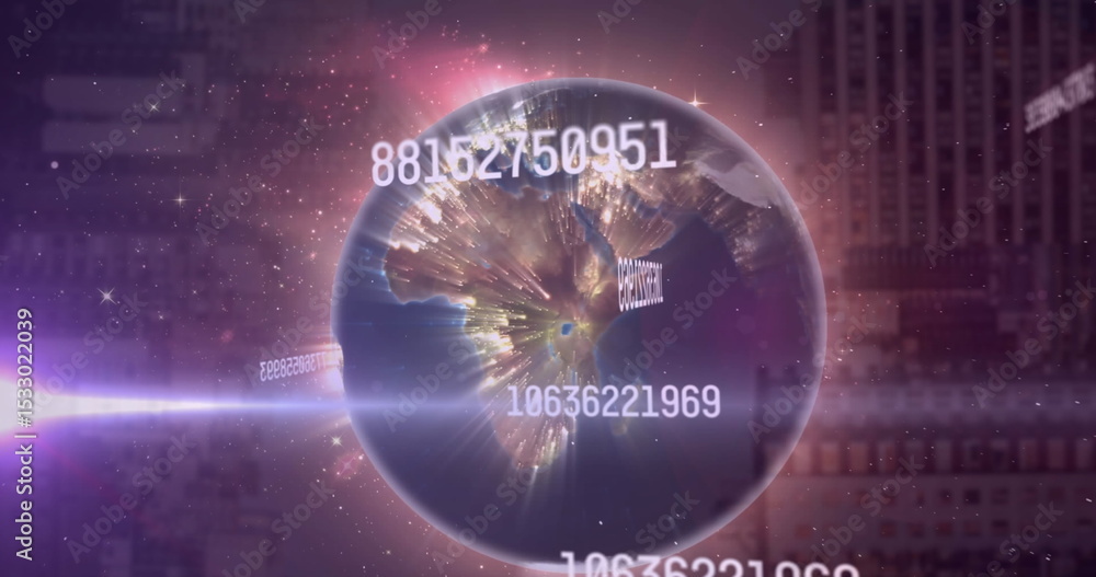 Poster digital globe rotating in virtual interface, with numeric ids, purple beam and grid-code overlays