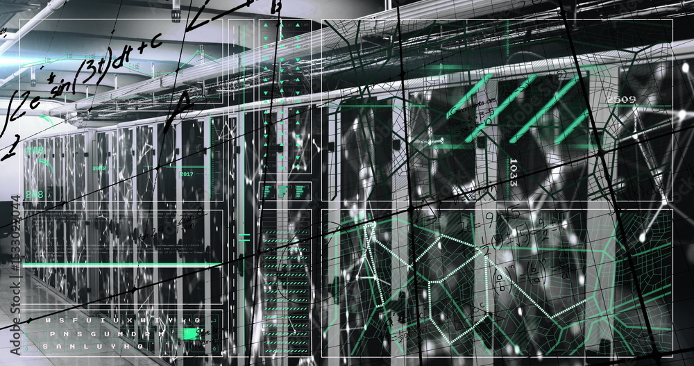 Poster displaying server racks showing led indicators, digital overlay in data center hall, data theme