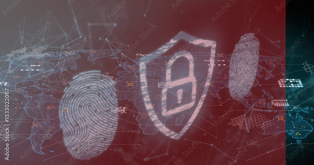 Poster displaying shield icon with padlock overlaying network map, with fingerprint scans