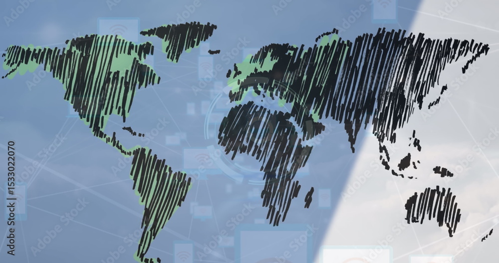 Poster green-black sketch map pulsing in digital network, with wireless and device icons and network lines