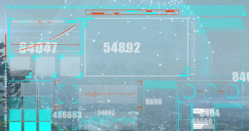 Poster displaying semi-transparent hud overlaying coast, with numeric display, line graphs, network mesh