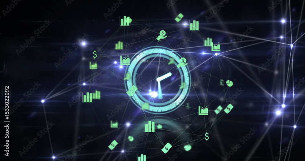 Poster glowing central clock linking data lines in cyber grid, with floating charts and currency symbols
