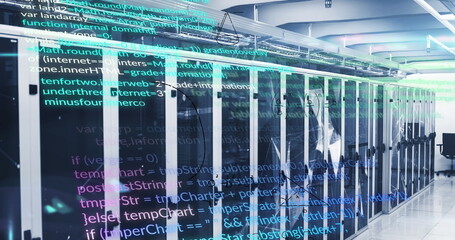 Displaying server racks glowing with LED lights in data center aisle, holographic code overlay