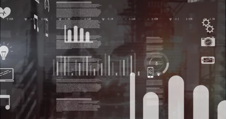 Displaying abstract bar chart rising over blurred urban skyline, with data overlays and icons