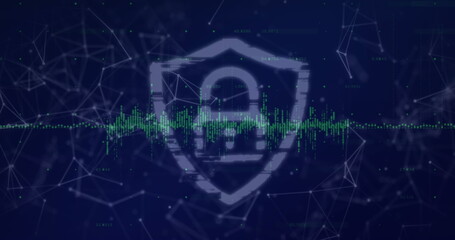 Displaying shield outline containing padlock symbol over network grid, with pulsing green waveform