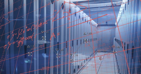 Displaying central aisle of server racks lining server room corridor, with digital overlays
