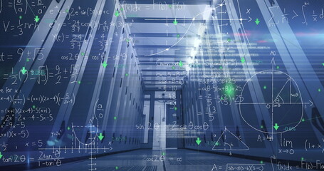 Displaying server racks in data center corridor, with holographic equations and LED indicators