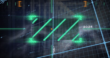 Pulsing vertical glowing bars with neon green arrows framing them in HUD grid, with binary code