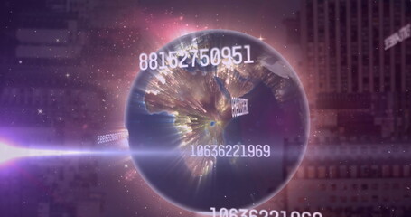 Digital globe rotating in virtual interface, with numeric IDs, purple beam and grid-code overlays