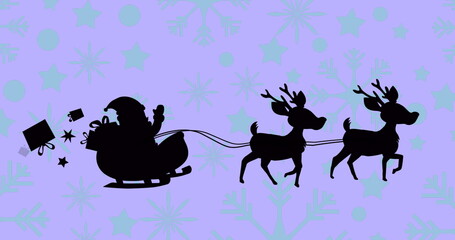 Gliding Santa figure guiding reindeer pulling sleigh across purple snowflake sky, tumbling gifts
