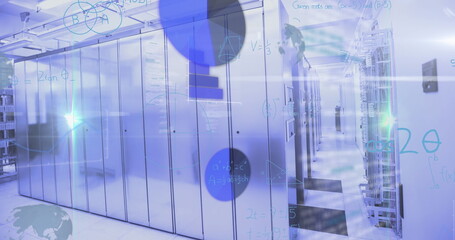 Featuring cable trays above server racks lining data center corridor with patch cables