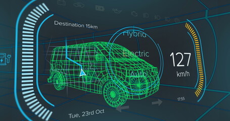 Displaying neon-green wireframe van model on virtual grid, with speed readout, drive mode labels © vectorfusionart