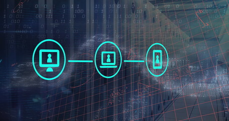 Showing neon teal device icons linking across virtual data grid, featuring binary code and formulas