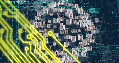 Forming human head silhouette with headshot thumbnails on digital network grid, with neon circuitry