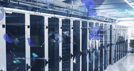 Server racks humming with LED lights in data center hallway, with cable trays and overlay graphics