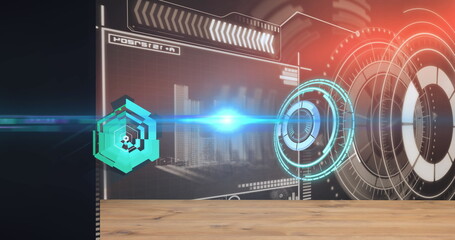 Displaying holographic interface over wooden tabletop in control station, with hexagonal icons