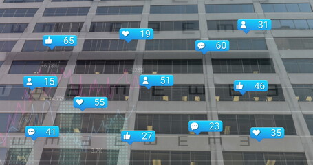 Showing floating social media notification icons and analyzing data on office windows, urban view