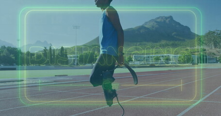 Running teen athlete on track wearing top, prosthetic blade and sports shoe under neon DISTANCING