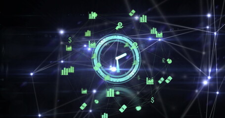 Glowing central clock linking data lines in cyber grid, with floating charts and currency symbols
