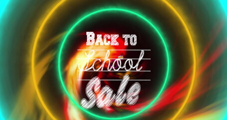 Featuring design swirling neon rings around Back to School Sale text on screen, with ruled lines