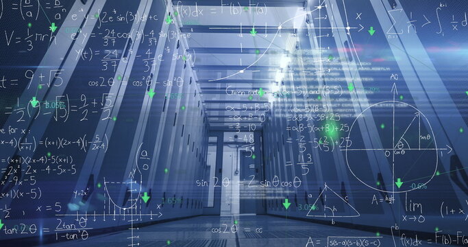 Displaying server racks in data center corridor, with holographic equations and LED indicators