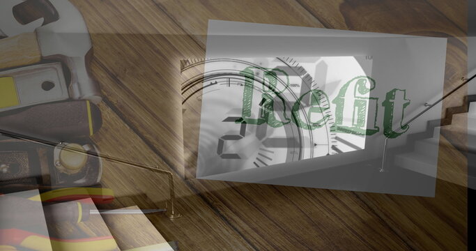 Displaying hand tools on workshop bench with Refit sheet, clock and chart overlays - Powered by Adobe