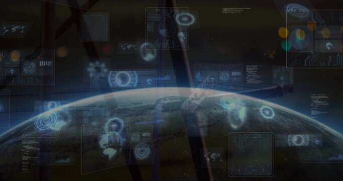Displaying Earth horizon through station window, with holographic UI charts and structural beams - Powered by Adobe