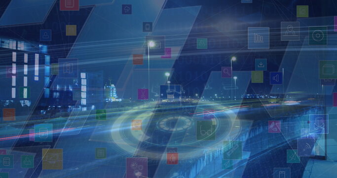 Projecting glowing tech interface overlay on highway at night, with guardrail and streetlights