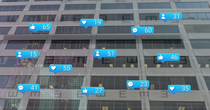 Showing floating social media notification icons and analyzing data on office windows, urban view