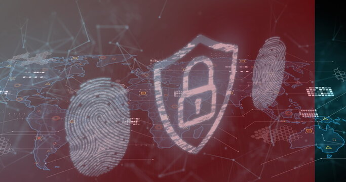 Displaying shield icon with padlock overlaying network map, with fingerprint scans
