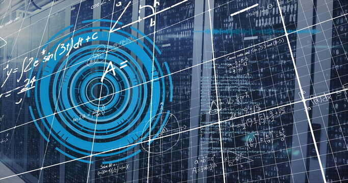 Displaying blue concentric interface in data center with server racks grid lines code and equations - Powered by Adobe