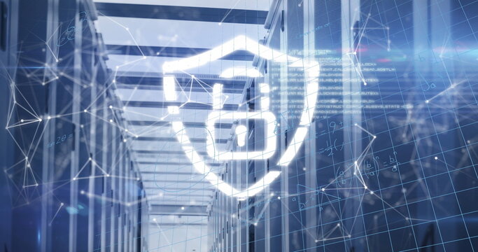 Holographic shield featuring Chinese character in data center corridor, server racks and LEDs