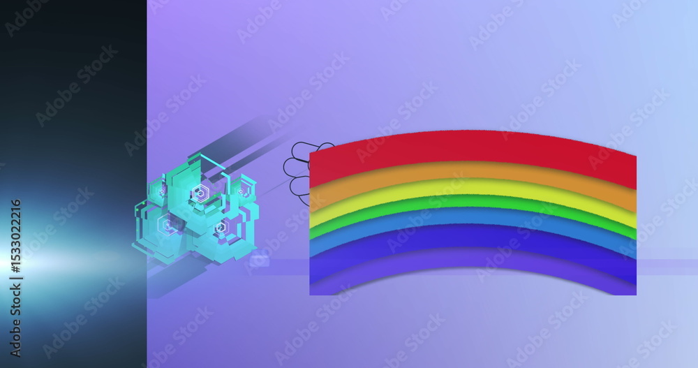 Poster merging panel and flare in computer generated scene, with 3d cluster and rainbow arch, copy space