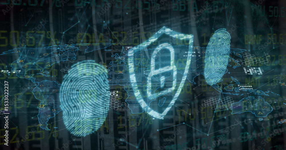 Poster padlocked shield rotating on data dashboard, with fingerprints and world map, hex grid and streams