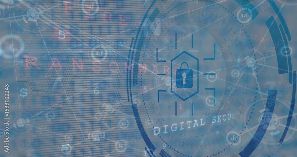 Leinwandbilder displaying hexagonal padlock icon within network interface, ui rings binary code warning text