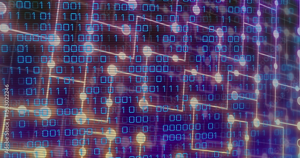 Poster streaming digital network unfolding on dark purple background, with binary code and glowing nodes