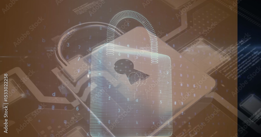 Poster displaying 3d padlock revealing brain silhouette on circuit board paths with floating code elements