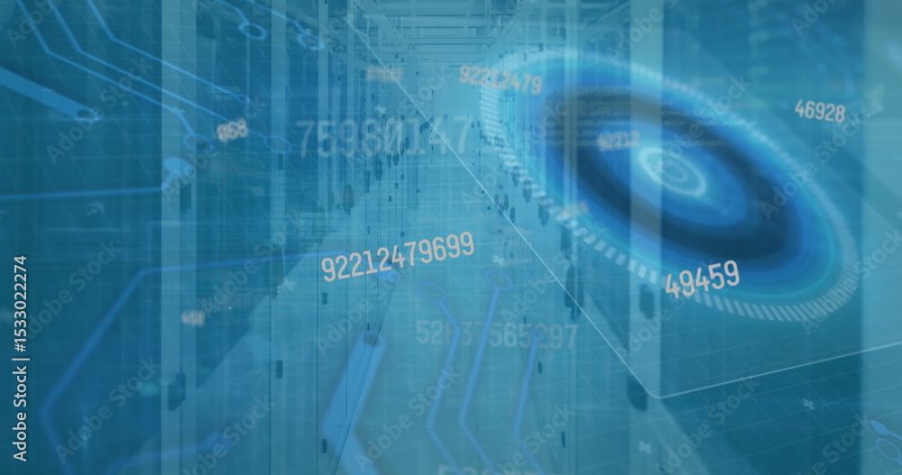 Poster projecting circular holographic data display in data center with server racks, gridlines, numbers